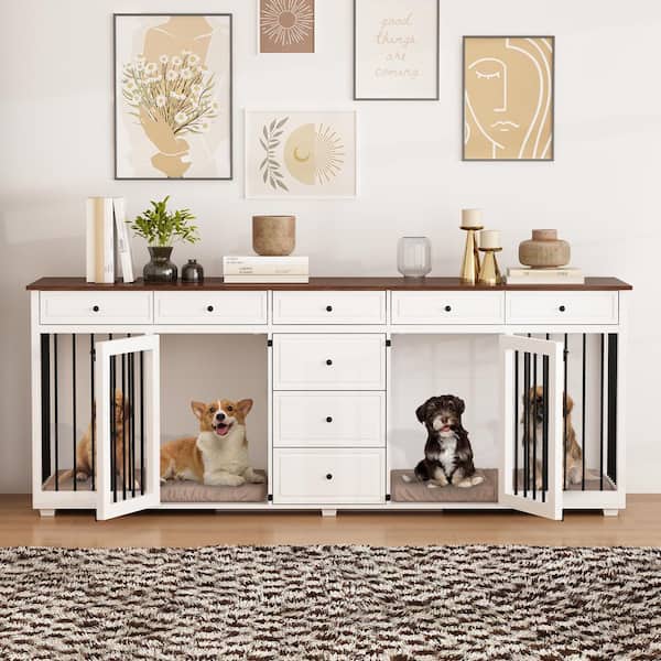 Upgrade Large Dog Crate Furniture With 8 Drawers, Indoor Large Furniture Style Dog House Kennel for 2 Medium Dogs, White