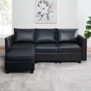 Contemporary 1-Piece Black Air Leather Reversible Sectional Sofa Couch with Chaise