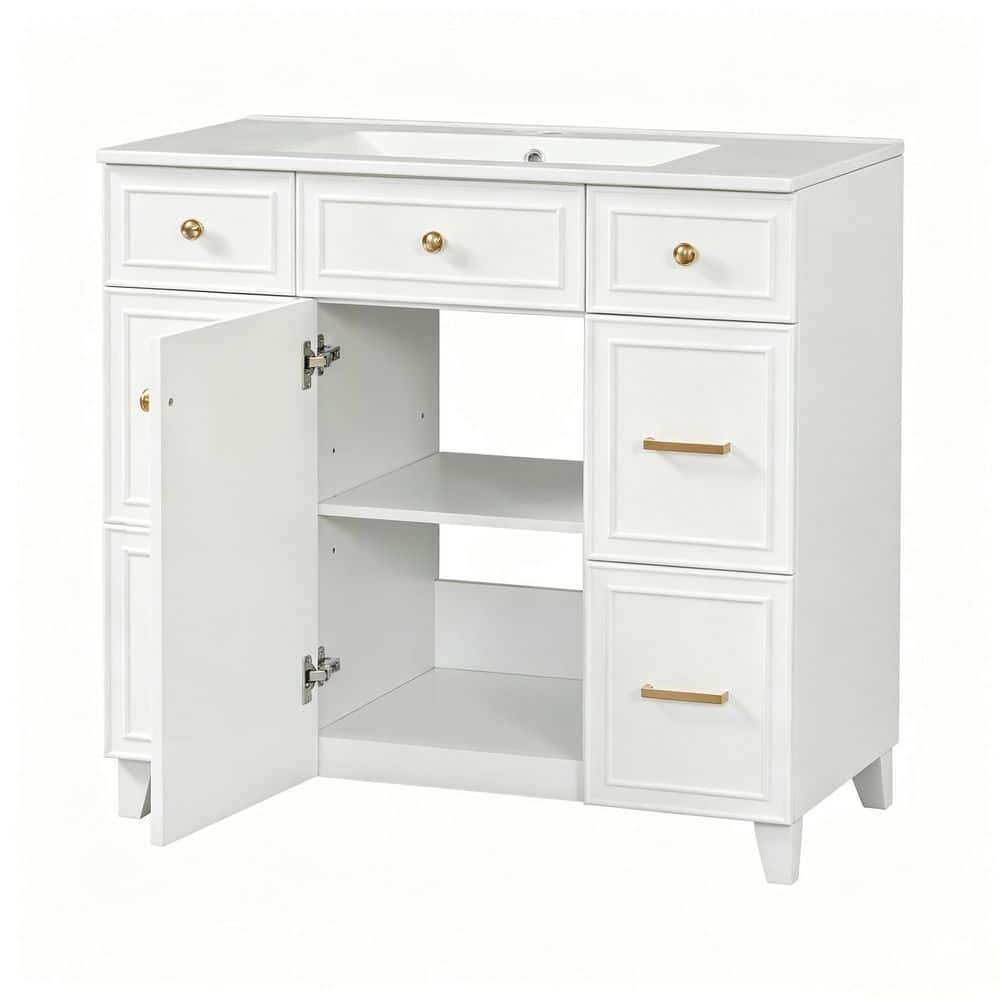 36 in. White Freestanding Rectangle Bathroom Vanity with Vessel Bathroom Sink, Soft Close Doors, Adjustable Shelves