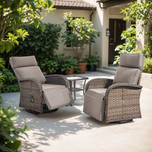 Plain Curve 3-Piece Brown Wicker Outdoor Adjustable Swivel Recliner with Gray Cushions and Side Table