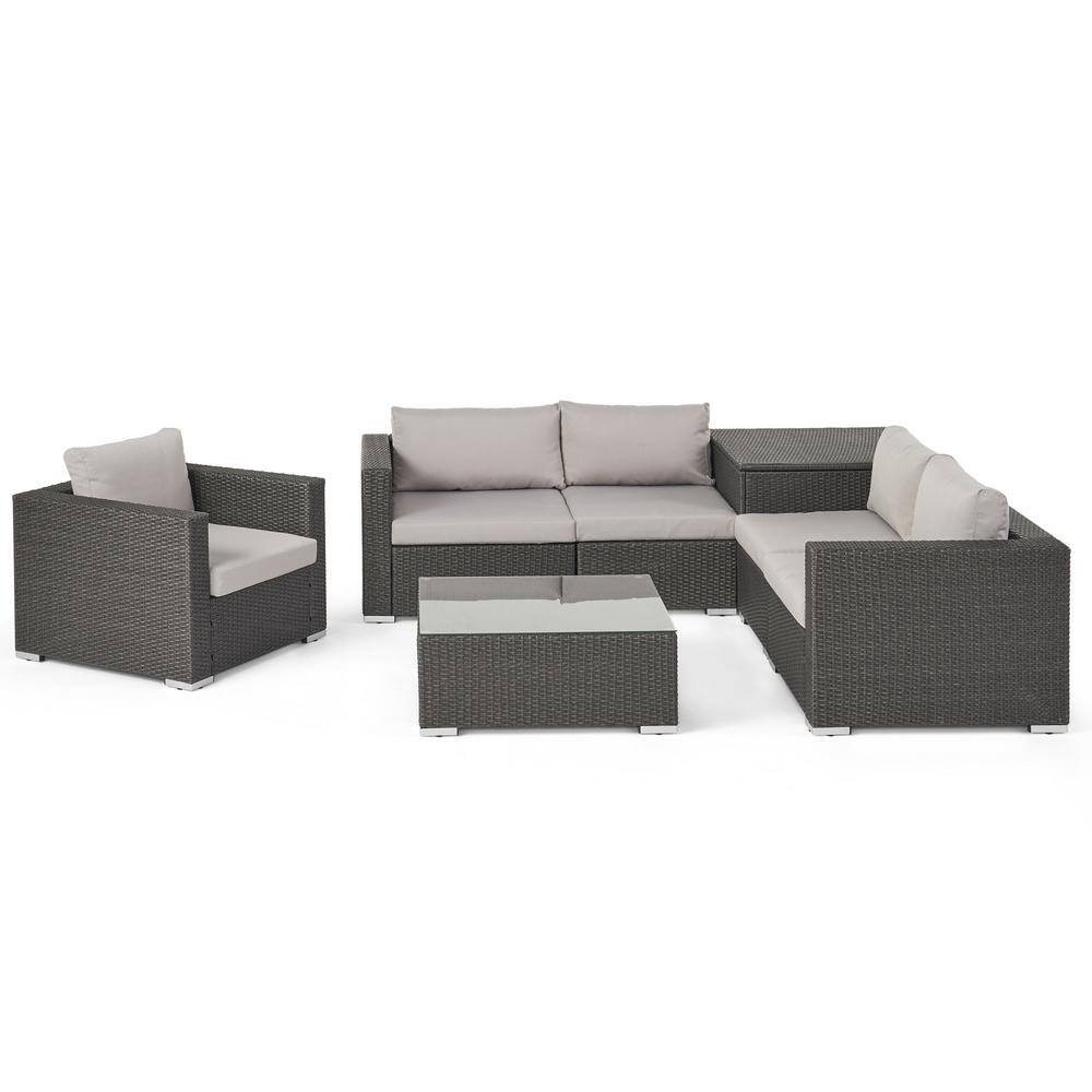 Noble House Santa Rosa Grey 7-Piece Faux Rattan Patio Conversation ...