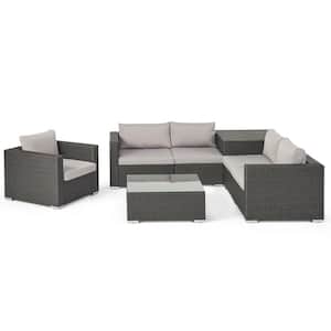 Santa Rosa Grey 7-Piece Faux Rattan Patio Conversation Sectional Seating Set with Dark Grey Cushions