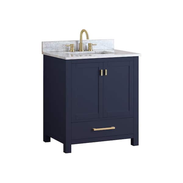 Modero 31 in. Single Sink Navy Blue Bath Vanity with Carrara White Marble Top