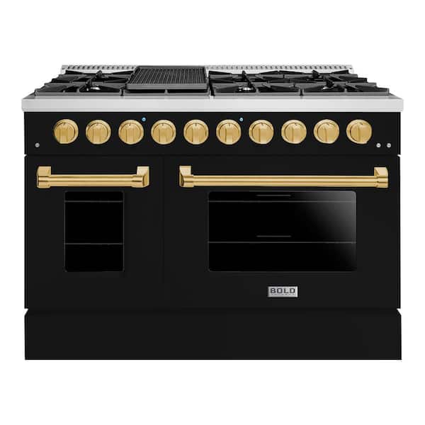 Hallman BOLD 48" TTL 6.7 Cu.Ft. 8 Burner Freestanding All Gas Range with LP Gas Stove and Gas Oven, Glossy Black with Brass Trim