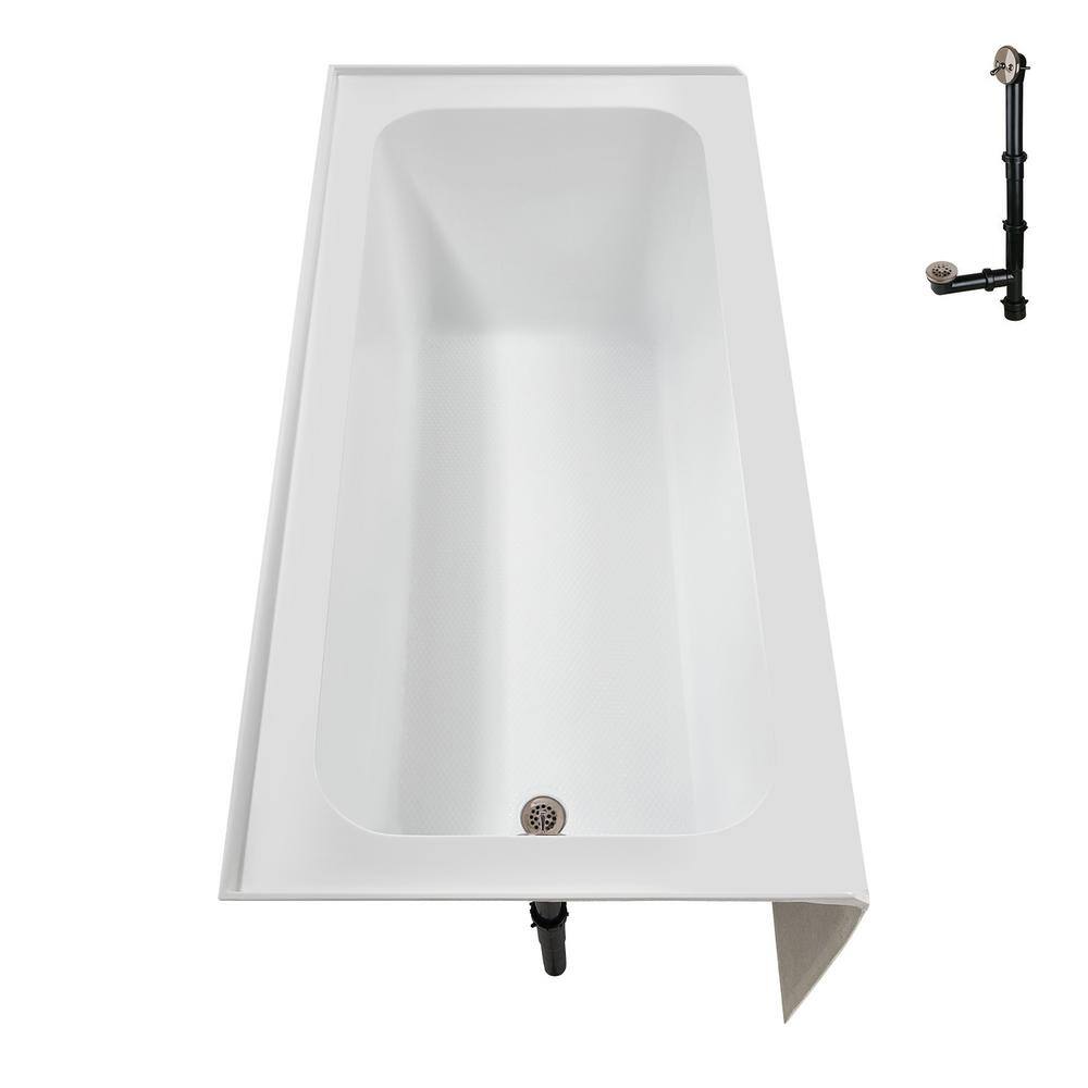 Glossy White Acrylic Rectangular Alcove Bathtub with Brushed Nickel Drain