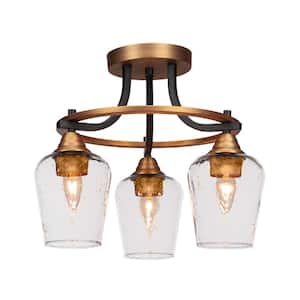 Madison 15 in. 3-Light Matte Black and Brass Semi-Flush Mount with Clear Bubble Glass Shade