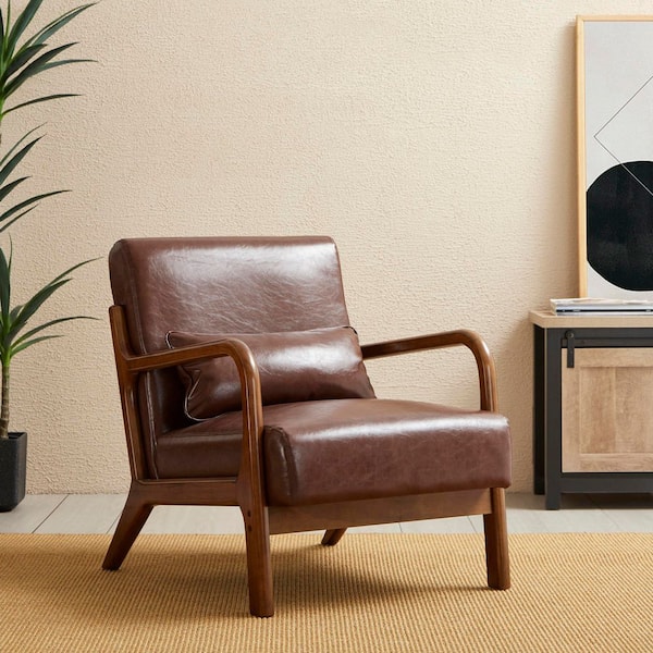 30 in. Mid-Century Modern Brown Faux Leather Arm Chair with Walnut Ruberwood Frame