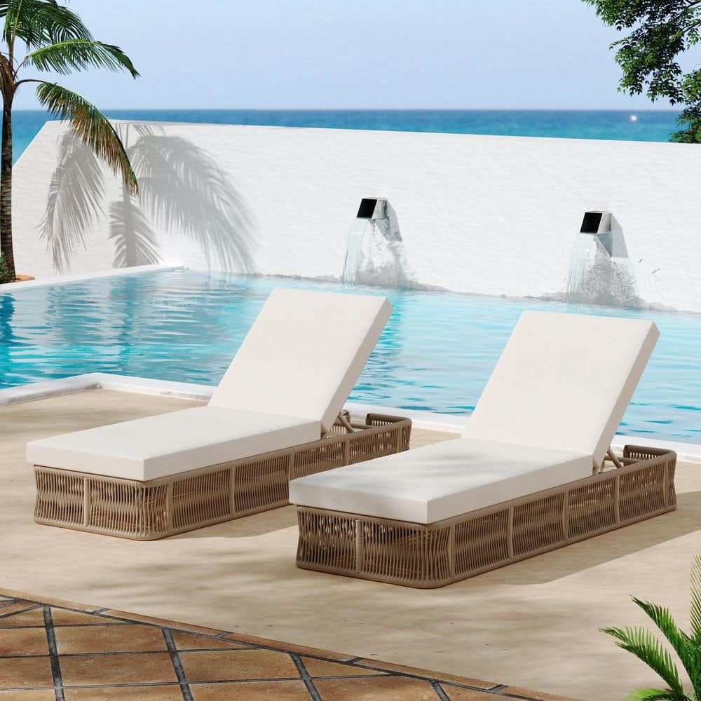Shane Beige Metal and Rope Weave Adjustable Patio Outdoor Chaise Lounge with Cream Cushions, Set of 2 price history on PriceWatchPro