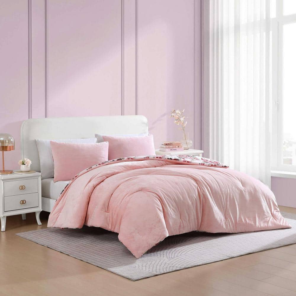 Twin Pink Velvet Reversible Comforter Set with Floral Design