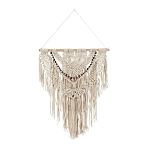 Cotton Cream Intricately Weaved Macrame Wall Decor with Beaded Fringe Tassels