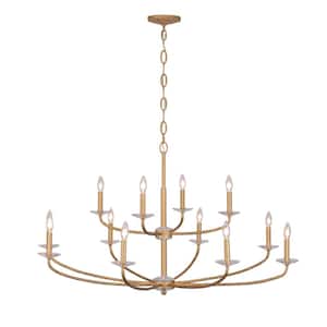 Atella 12-Light Ashen Gold with Faceted Crystal Accents Candle Chandelier for Dining Room and No Bulbs Included