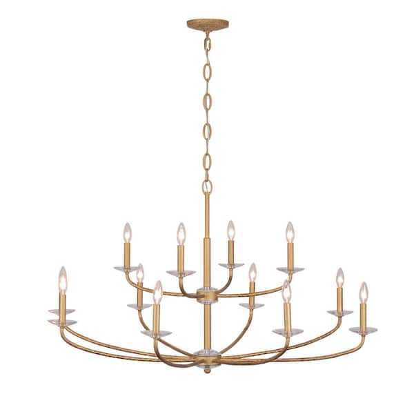 Atella 12-Light Ashen Gold with Faceted Crystal Accents Candle Chandelier for Dining Room and No Bulbs Included