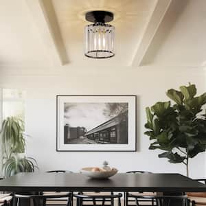 5 in. 1-Light Black Crystal Cylinder Semi Flush Mount Ceiling Light Fixture for Foyer Closet Entryway Kitchen Bedroom