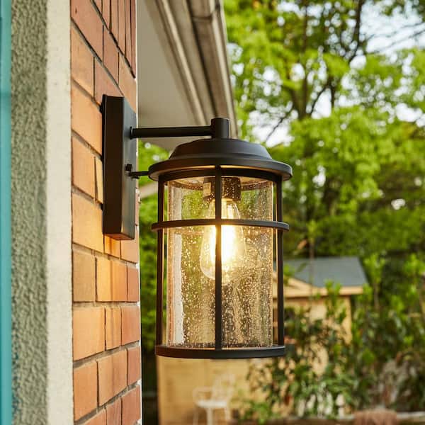 1-Light Matte Black Glass Shade Hardwired Indoor Outdoor Wall Lantern Sconce
