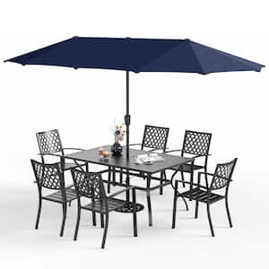 8-Piece Metal Patio Outdoor Dining Set with Navy Umbrella