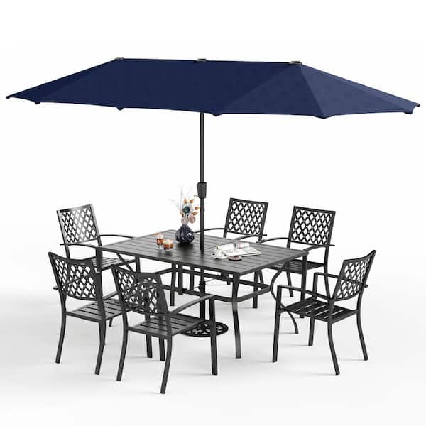 PHI VILLA 8-Piece Metal Patio Outdoor Dining Set with Navy Umbrella