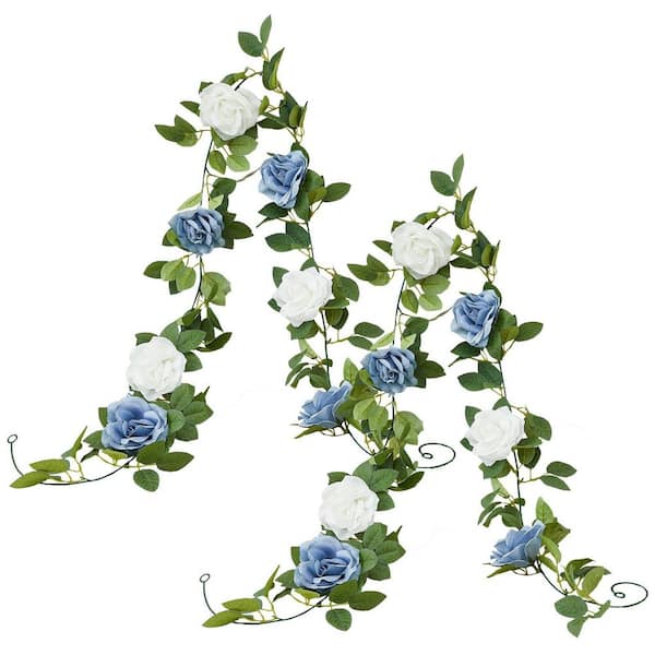 Unbranded 72 in. Dusty Blue Artificial Rose Garlands, Rose Vines Leaves Banners Hanging Floral Garland, 2-Piece