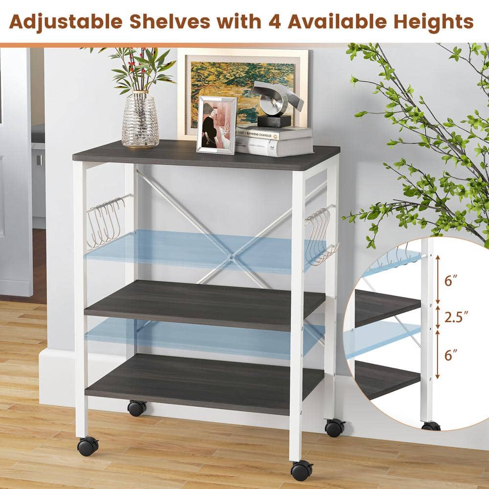 Brown 3-Tier Kitchen Cart with Storage and Hooks