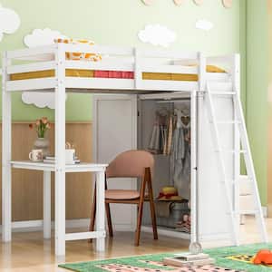 White Twin Size Wood Loft Bed with Wardrobe, Built-in Desk and Inclined Ladder