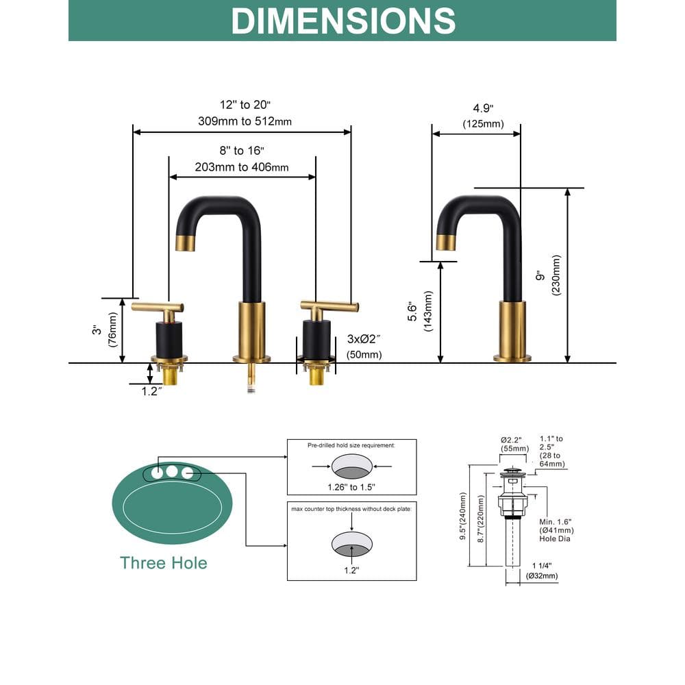 Matte Black and Brushed Gold 8-Inch Widespread Double Handle Bathroom Faucet