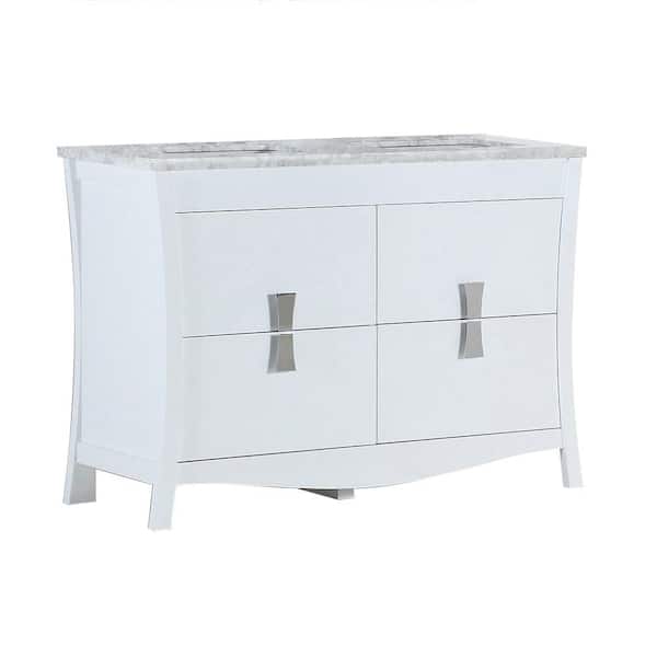 Bellaterra Home Tracy 48 in. W x 19 in. D x 34 in. H Double Vanity in White with Carrara Marble Vanity Top in White with White Basins