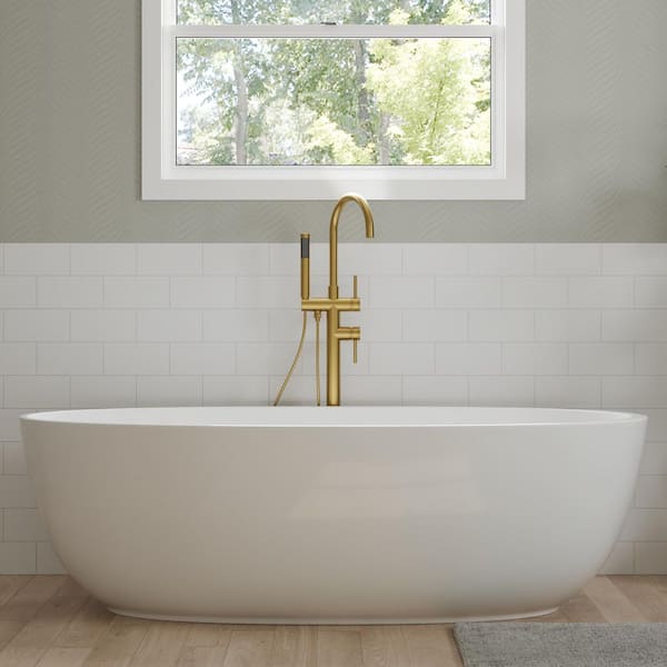 2-Handle Floor Mount Freestanding Tub Faucet with Hand Shower in Brushed Gold