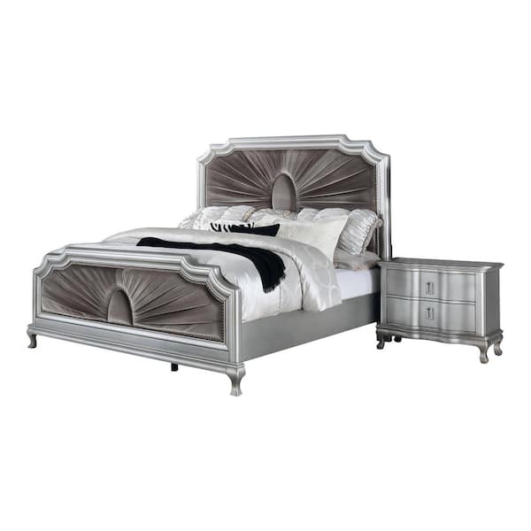 Furniture of America Lorenna 2-Piece Silver and Warm Gray Wood Queen Bedroom Set, Bed and Nightstand