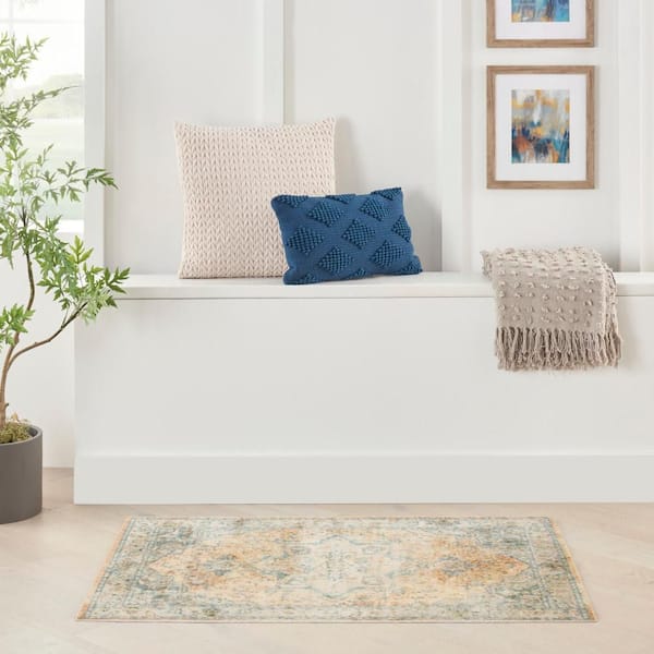 Astra Machine Washable Beige Blue 3 ft. x 5 ft. Center medallion Traditional Area Rug