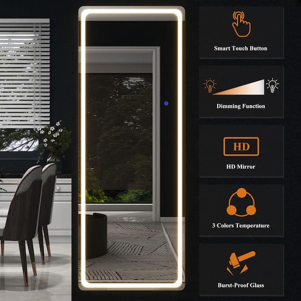 Dovelina Framed Silver 16 in. W x 63 in. H Rectangle Round Angle LED Wall Mirror Full Length Mirror