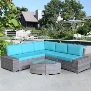 Grey 6-Piece Rattan Wicker Outdoor Oval-Shape PE Furniture Sectional Sofa Conversation Set with Blue Cushions