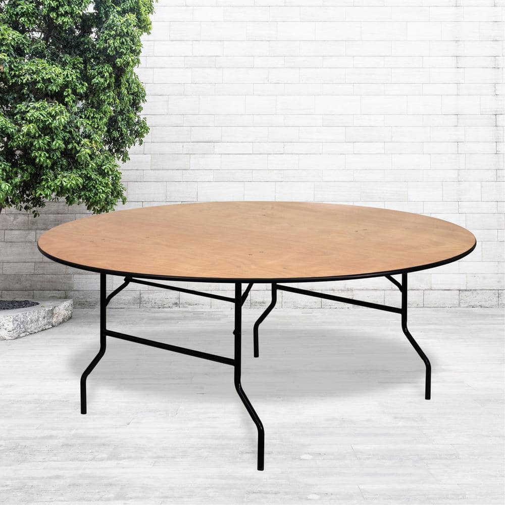 Natural Furman 6 ft. Round All-Occasion Wood Folding Event Table, Foldable Round Portable Banquet Table with Wooden Top