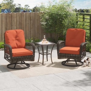 Livorno Brown 3-piece Steel Wicker Patio Swivel Chair Set with Orange Cushions