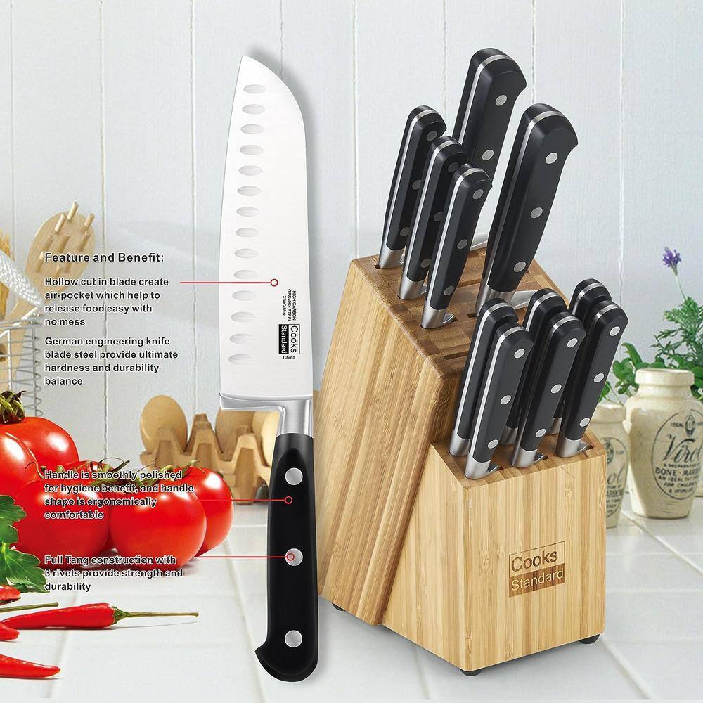 Cooks Standard Kitchen Knife Set with Block 12-Piece, Stainless Steel Forge High Carbon German Blade with Expandable Bamboo Storage Block for Extra Slots, Black - Thumbnail 4