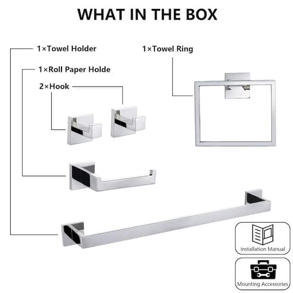 5-Piece Bathroom Hardware Set with Towel Bar, Towel Ring, Robe Hook, Toilet Paper Holder in Chrome
