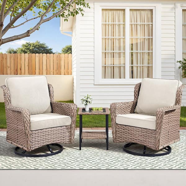 Buenaola Wieze 3-Piece Wicker Outdoor Bistro Set with Swivel Glider Chairs, 2-Person Patio Furniture Set with Beige Cushions
