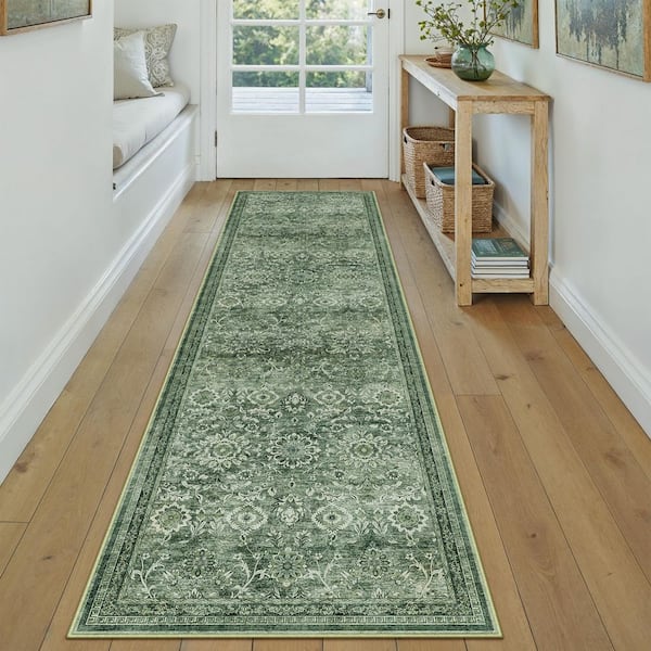 The Wizard of Oz 2 ft. X 8 ft. Green Distressed Washable Vintage Floral Runner Rug