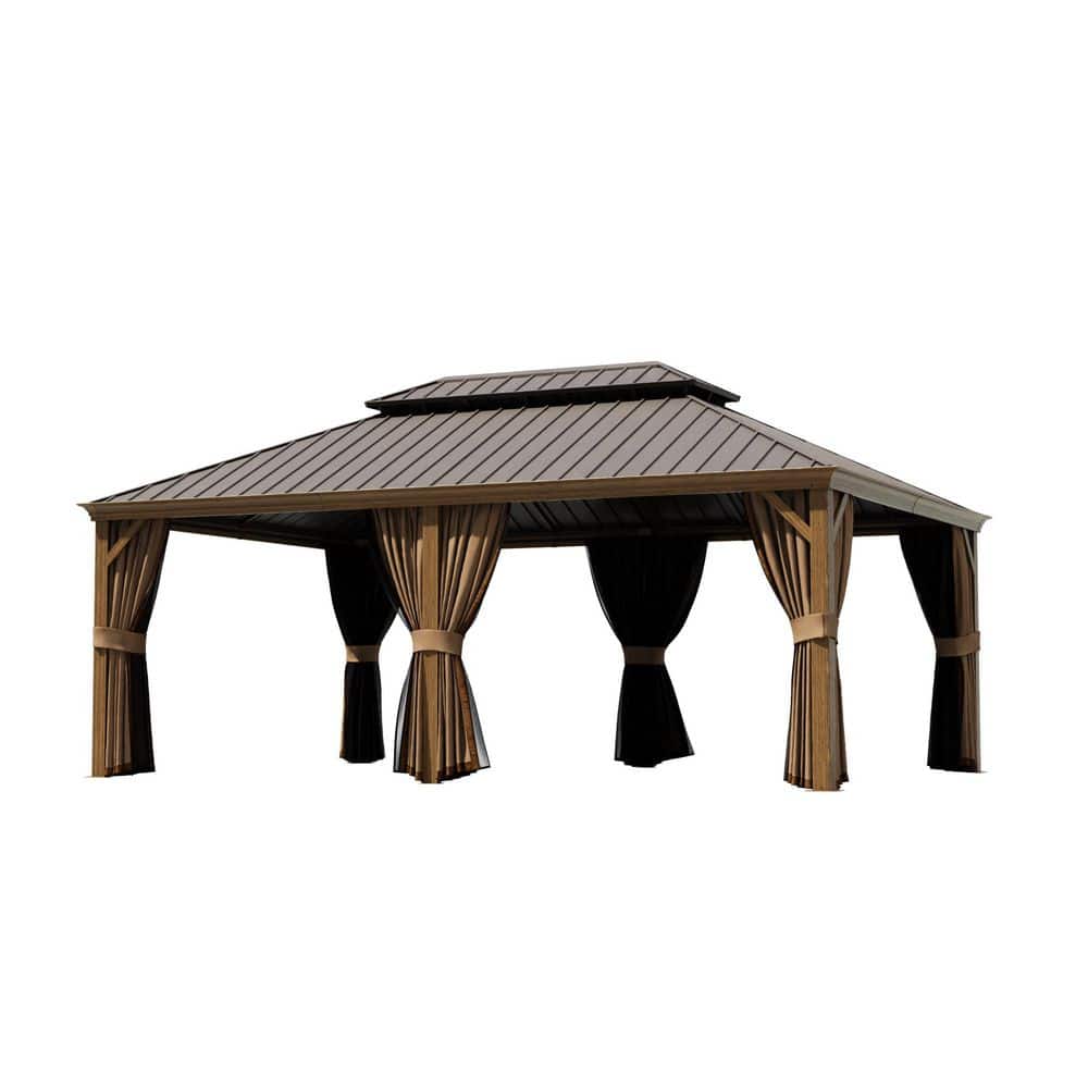 14 ft. x 20 ft. Double Roof Hardtop Aluminum Patio Gazebo with Netting and Brown Curtains price history on PriceWatchPro