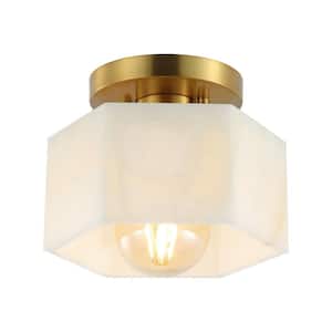Tessa 8 in. 1-Light Modern Contemporary Alabaster/Iron Hexagonal LED Semi Flush Mount, White Marbling/Brass Gold