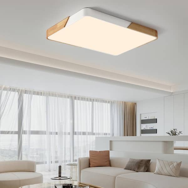 Lumin 34.7-in. Integrated LED Wood and White Flush Mount Rectangular Main Lighting with CCT and Acrylic Lens for Kitchen