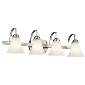 Keiran 30 in. 4-Light Brushed Nickel Transitional Bathroom Vanity Light with Etched Glass Shade