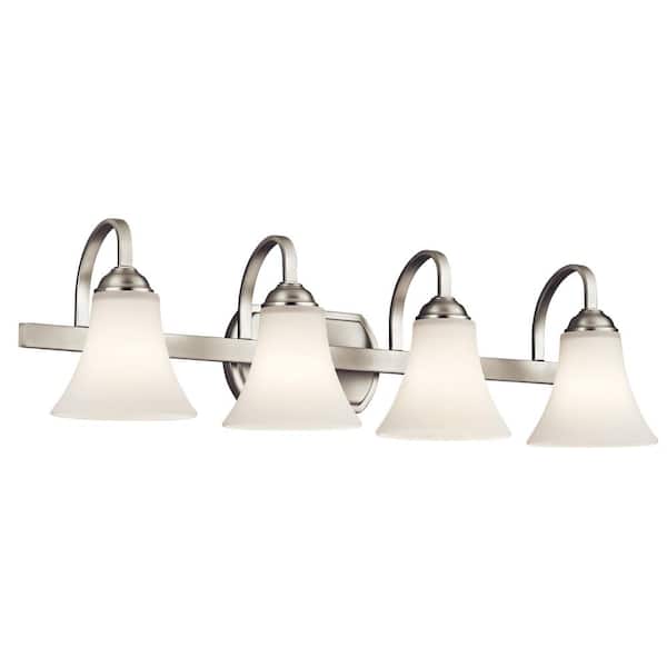 KICHLER Keiran 30 in. 4-Light Brushed Nickel Transitional Bathroom Vanity Light with Etched Glass Shade