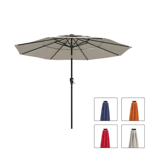 10 ft. Aluminum Pole Market Tilt Patio Umbrella 3-Tiers Vented Solar LED Outdoor Umbrella in Beige