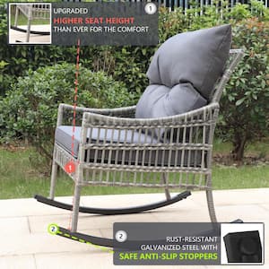 Dark Grey Wicker Outdoor Rocking Chair Set with Grey Cushions, 2-Chairs and 1-Table