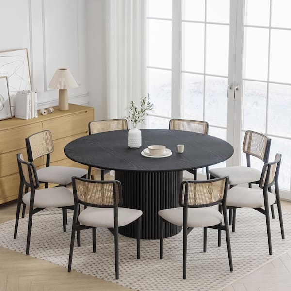 Dovelina 60 in. Natural Oak Wood Black Color Column Pedestal Round Kitchen Table Dining Table Seats 6