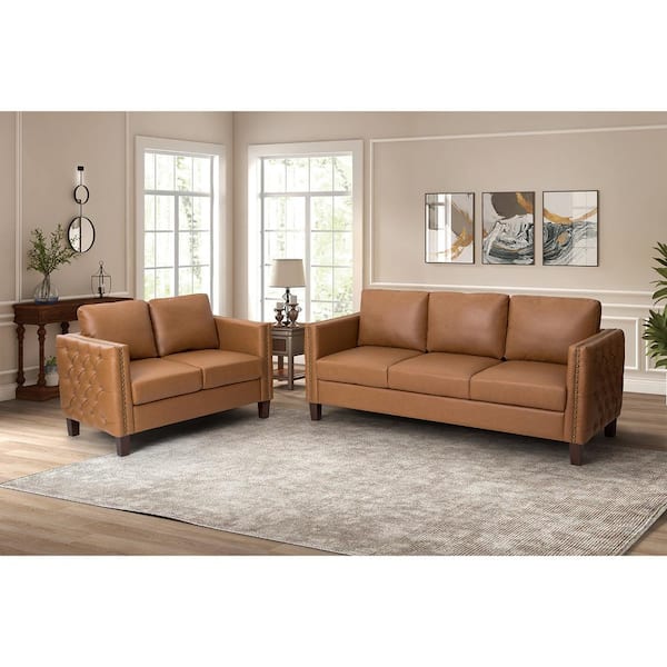 JAYDEN CREATION P1 a cido 2-Piece Straight Leather Top Camel Living Room Set with Nailhead Trim