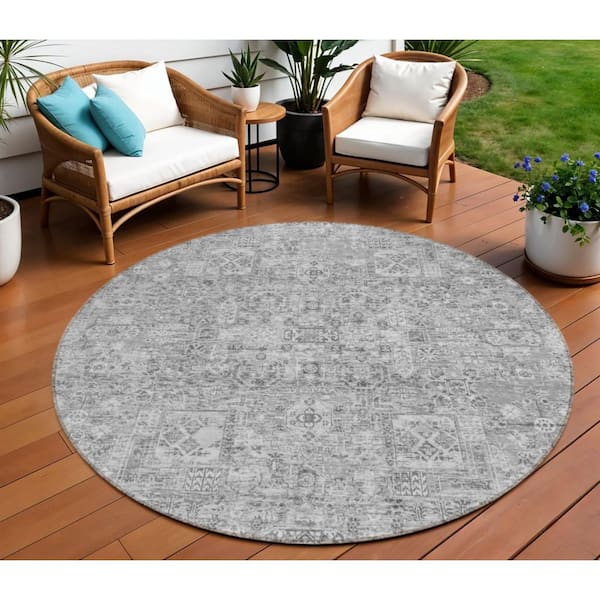Gray, Silver, Charcoal 8 ft. Round Woven Floral Polyester Round Indoor/Outdoor Area Rug