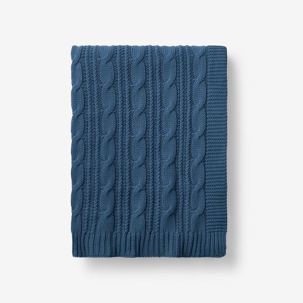 The Company Store Chunky Cable Knit Denim Blue Cotton Throw Blanket
