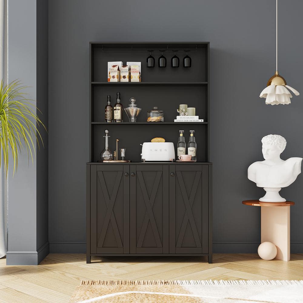 39.3 in. W x 7.87 in. D x 70.87 in. H Black Linen Cabinet with Wine Rack an