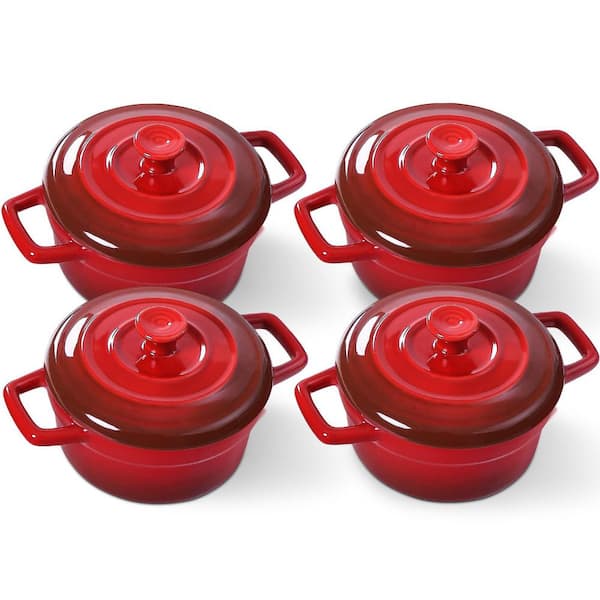 4-Piece Red Mini Cocotte Set, 12 oz. Ceramic Casserole Dishes with Handles and Lid, Small Baking Ramekins, Oven Safe