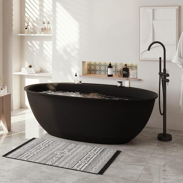 67 in. x 33 in. Stone Resin Solid Surface Non-Slip Freestanding Soaking  Bathtub with Brass Drain and Hose in Matte Black